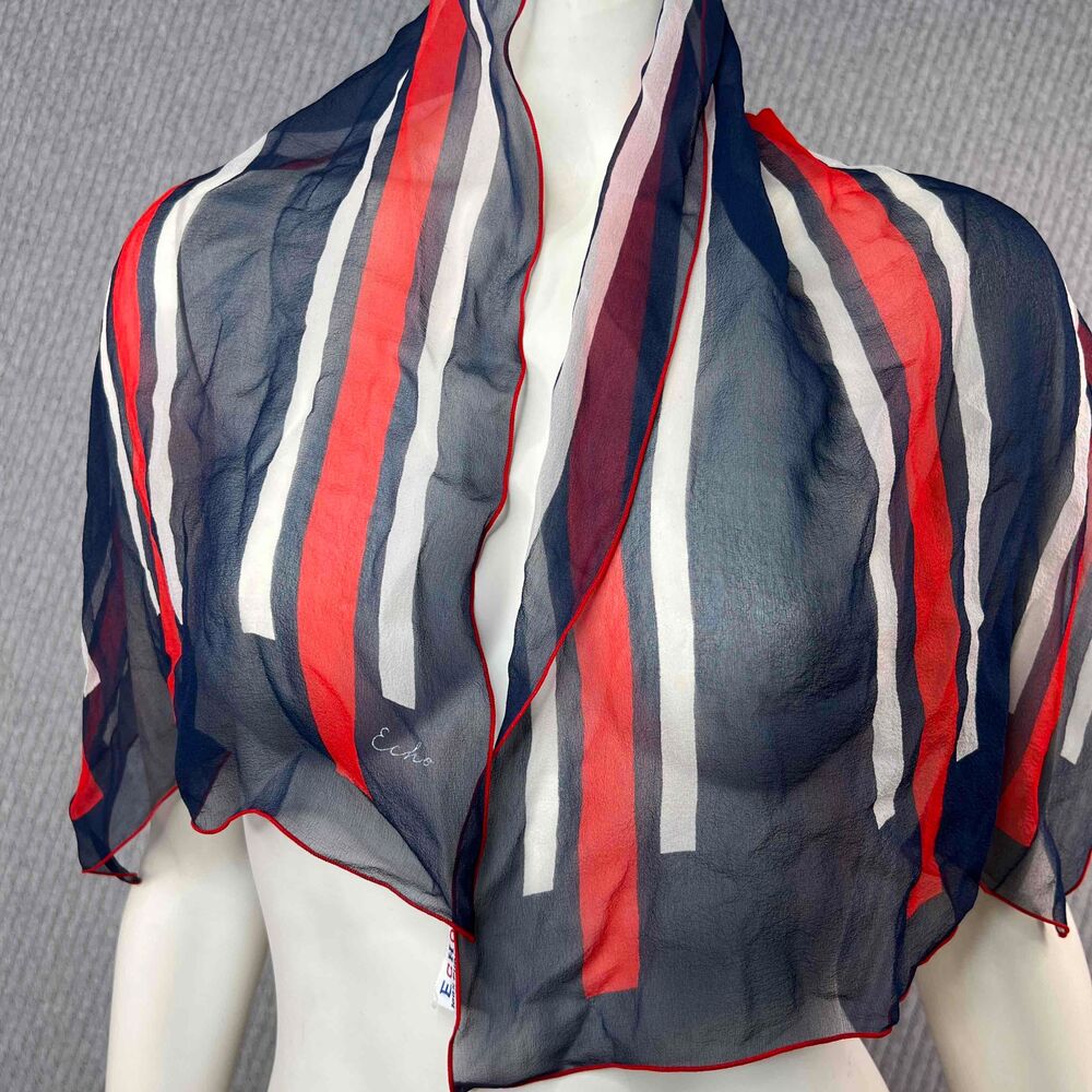 Echo‎ Vintage Sheer Striped Scarf Women Striped Patriotic Classic 40 X 15
